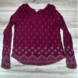 Lucky Brand Burgundy Boho Geometric Ribbed V-Neck Top Long Sleeve L 7W63436
